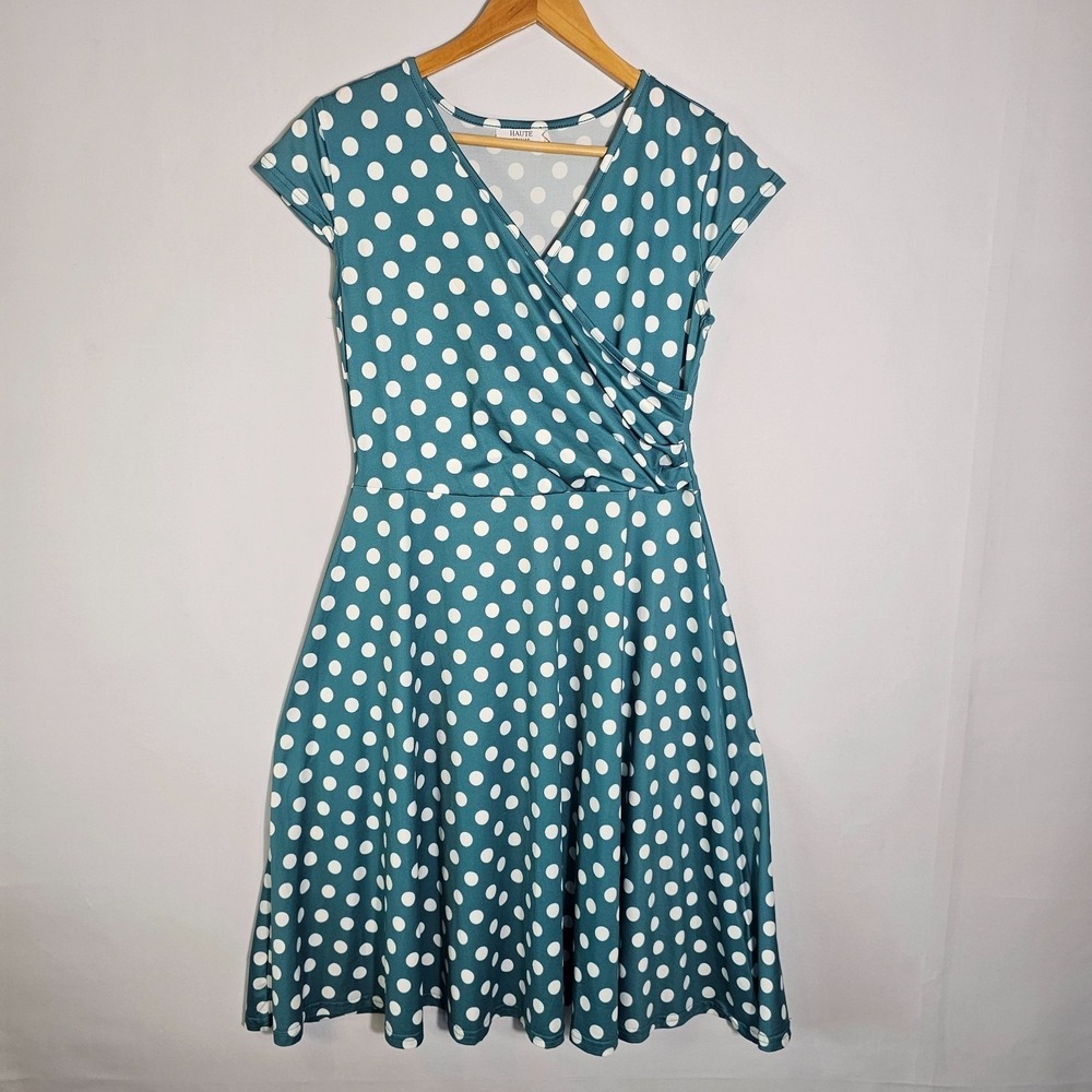 Haute Edition Women's Teal Polka Dot Skater Dress Faux Wrap V-Neck Coquette Y2K